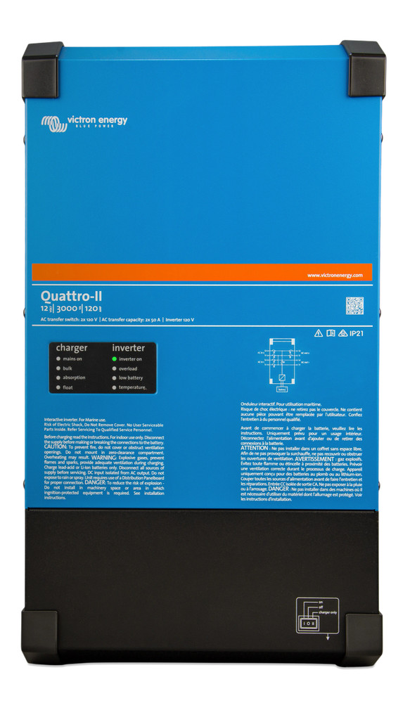 Victron QUA122305130 Quattro-II 12/3000/120-50/50 2x120V 5 Year Warr Auth Dealer