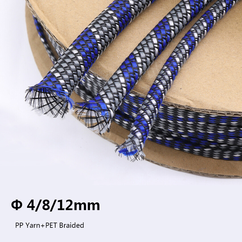 PP & PET Mix Braided Sleeve Tube Cable Expandable Sheath Sleeve Blue+White+Gray