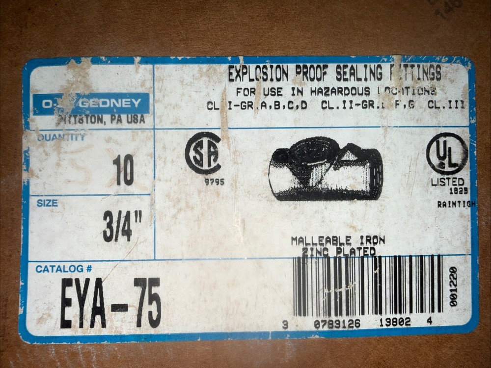 Lot 5 O-Z Gedney EYA-75, 3/4″, Female, Explosionproof Conduit Seal Fitting