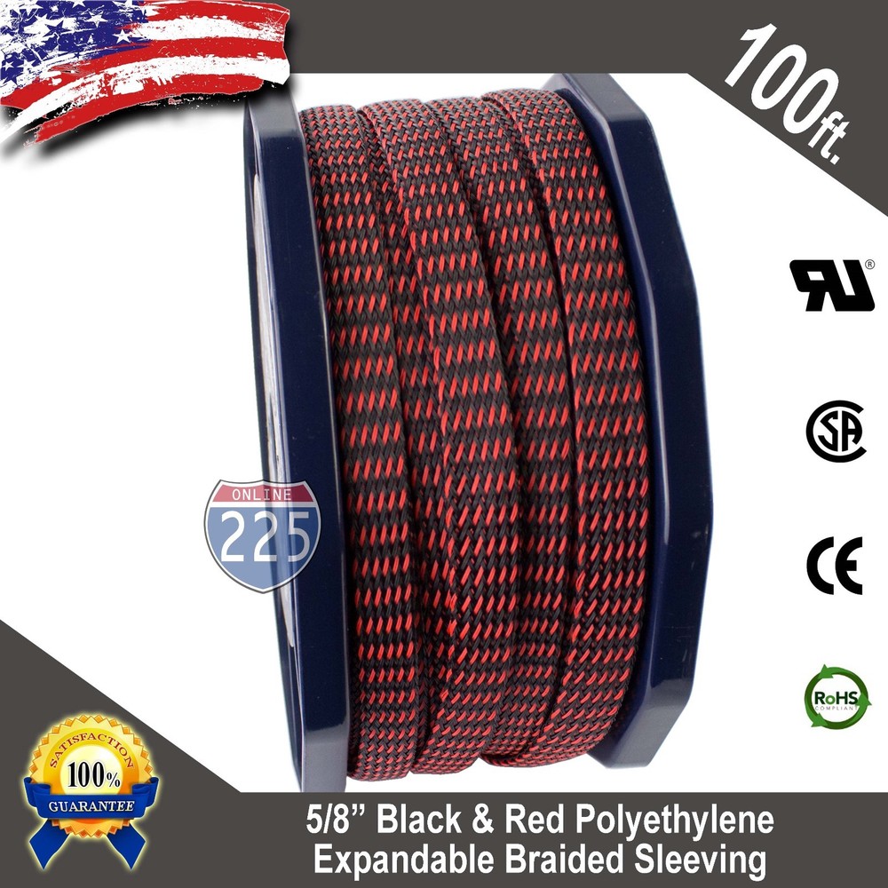 100 FT. 5/8″ Black Red Expandable Wire Sleeving Sheathing Braided Loom Tubing US