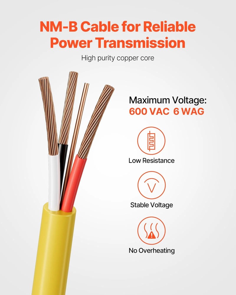 NM-B Wire, 6AWG/3C Non-Mettalic Residential Indoor Electrical Wire with Ground,