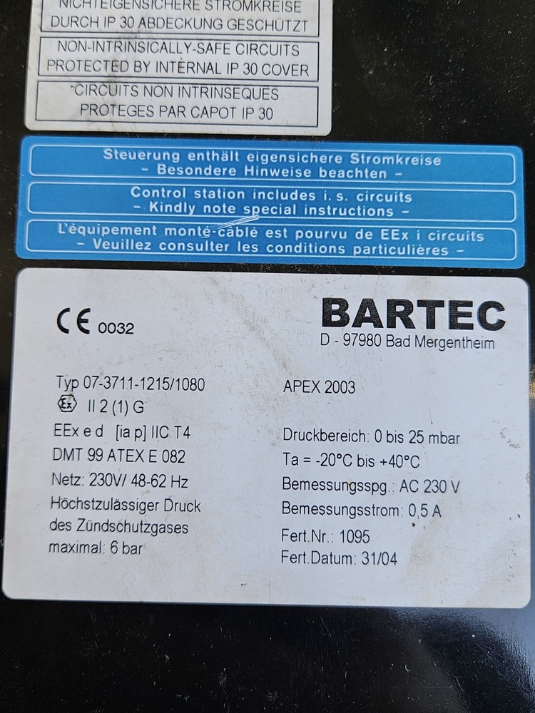 Bartec 07-3711-1215/1080 New/Unused, New Ex.Protected Unused