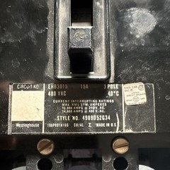 Vintage Westinghouse 15 Amp Main Circuit Breaker 480 VAC