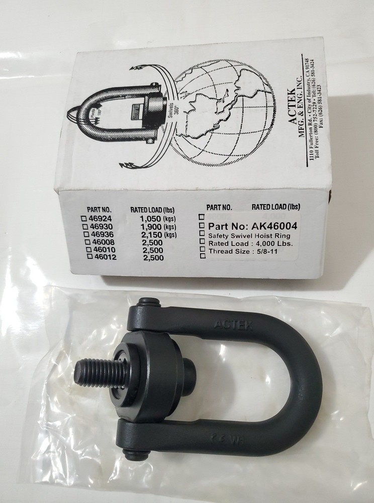 NEW ACTEK AK46004 SAFETY SWIVEL HOIST RING, Rated Load 4000 Lbs, 5/8-11 Thread
