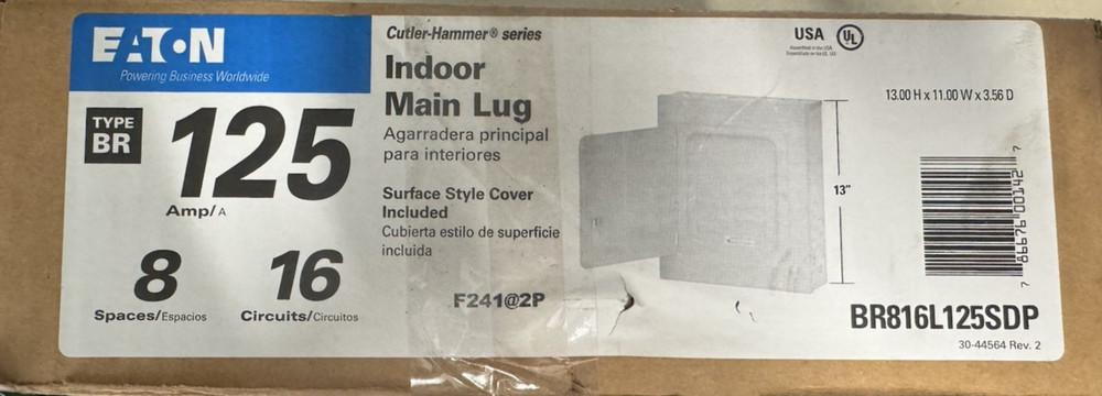 EATON INDOOR MAIN LUG 125AMP #BR816L125SP (Free Felo GermanDriver Set $40 Gift)