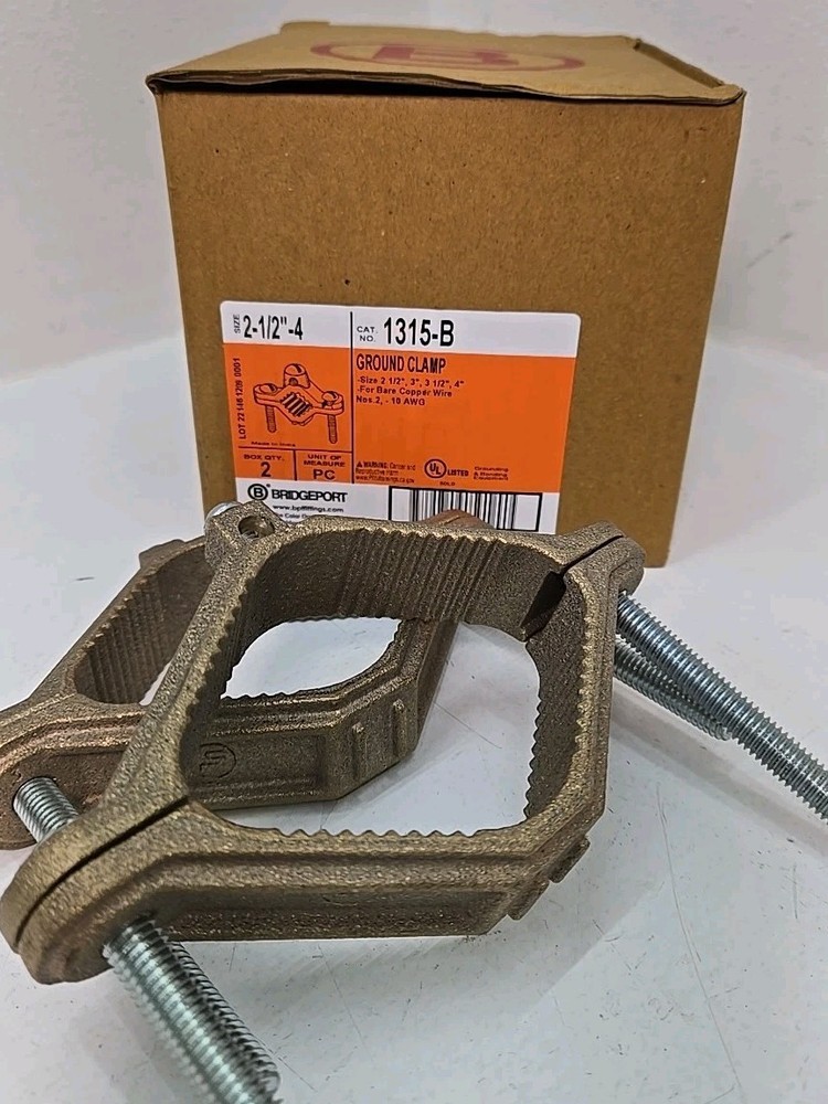 Box of 2-Bridgeport 1315-B (2-1/2″ – 4″) Ground Grounding Clamp for Copper Wire