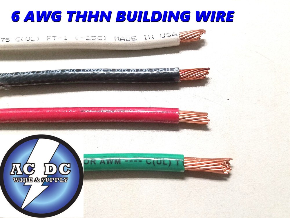 50′ EA THHN THWN 6 AWG GAUGE BLACK WHITE RED GREEN STRANDED COPPER WIRE