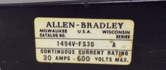ALLEN BRADLEY FUSE BLOCK, CAT NO. 1494V-FS30, SERIES A, 30 AMPS, 600 VOLTS