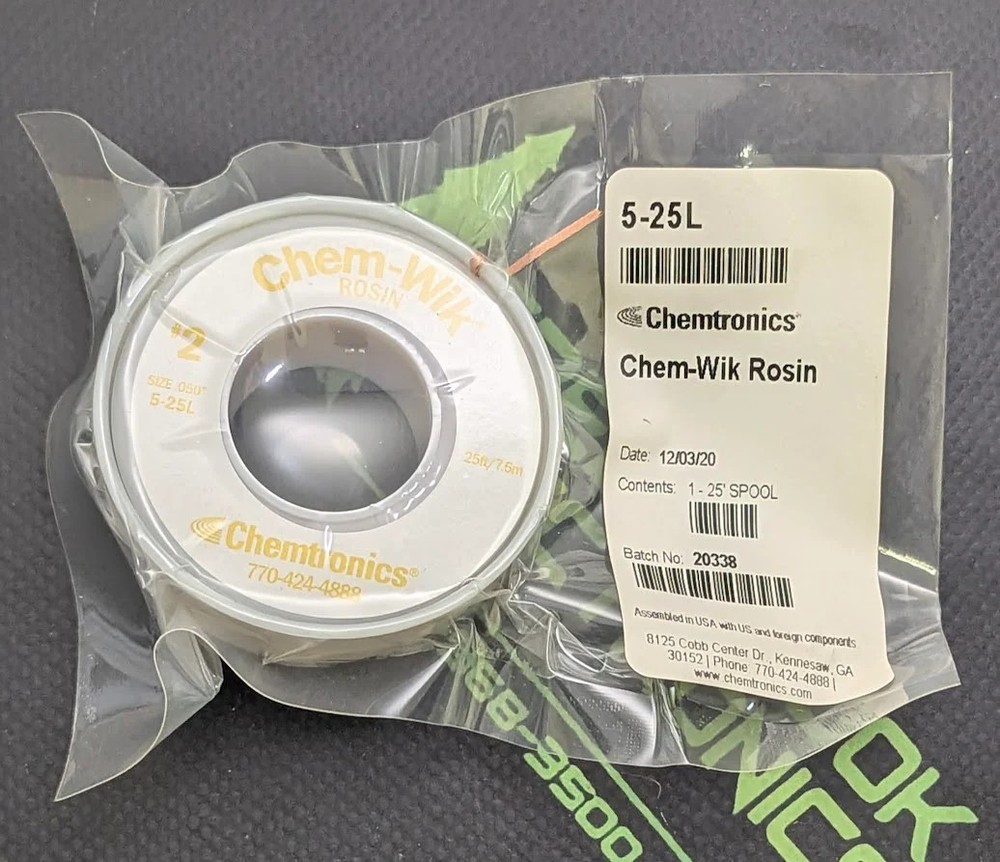5-25L – CHEMTRONICS – #2 Rosin Flux Core Desoldering Braid – Yellow – 0.05 in x