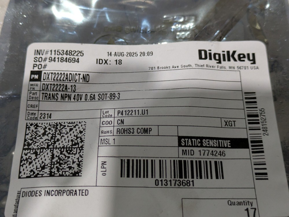 Diodes Inc DXT2222A-13 NPN Bipolar Transistor 40V 0.6A SOT-89 Bag of 17 New
