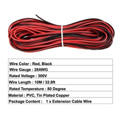 Red Black Wire 2pin Extension Cord 28 AWG Parallel Wire Tin Plated Copper 10M L