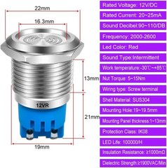 DC 12V 19mm Stainless Steel Red LED Flash Alarm 90dB Indic Color: red LED-19mm