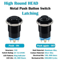 Title2pcs 12mm Micro Metal Latching Push Button Switch, Raised Head, Waterproof