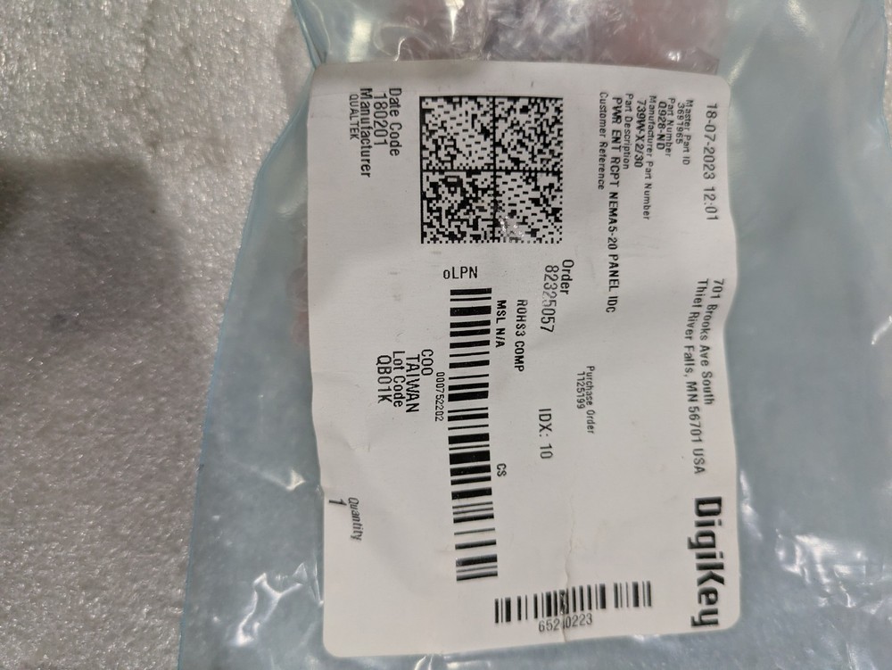 Qualtek 739W-X2/30 Power Entry Receptacle NEMA 5-20 Panel Mount IDC AC Inlet