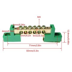 Brass 6 Position Terminal Bus Bar Block, Green Grounding Strip