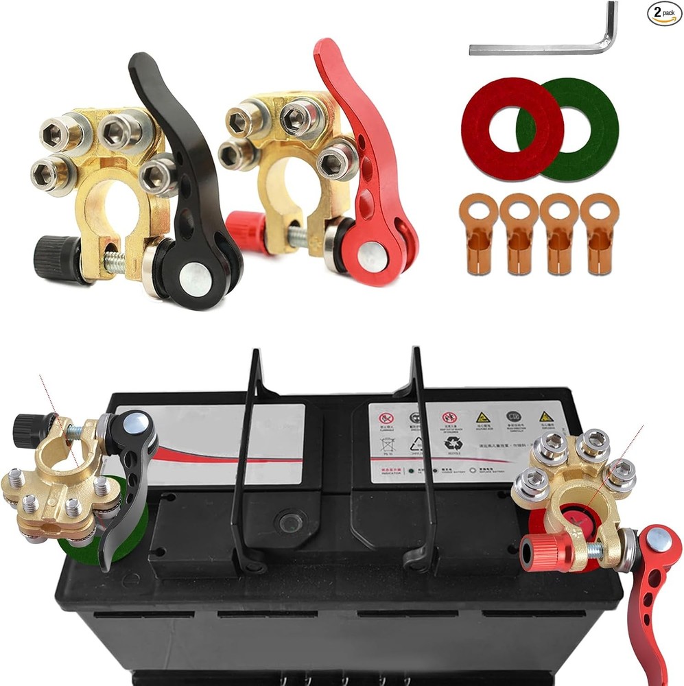 2PCS Car Battery Terminal Connectors, 4 Way Quick Release Positive Negative Top