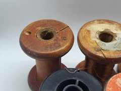 Vintage wooden spools with copper wire, 7 different pieces