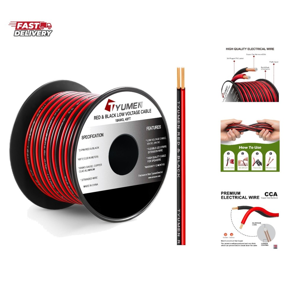 40FT 18 Gauge 2pin 2 Color Red Black Cable Hookup Electrical Wire LED Strips …