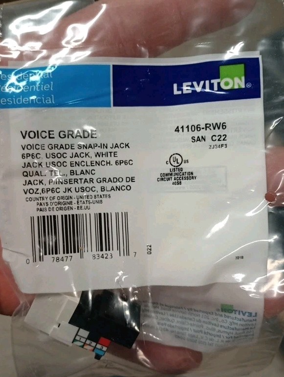 20 Pieces New Leviton Snap in Jacks C22-41106-RW6 Voice Grade White
