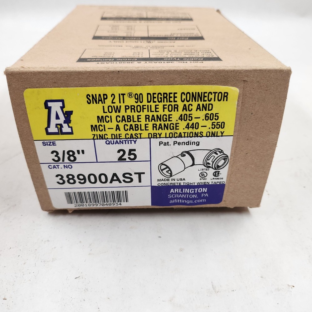 Arlington 38900AST, 3/8″ 0.405 – 0.605″ Die-Cast 90D MC Cable Connector 25 Pcs