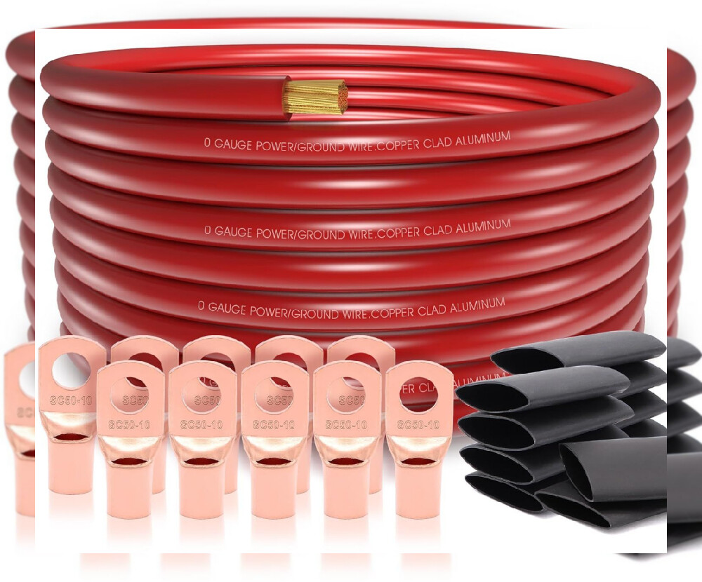 20FT 1/0 Gauge Wire Copper Clad Aluminum CAA,10pcs Lugs Terminal Red