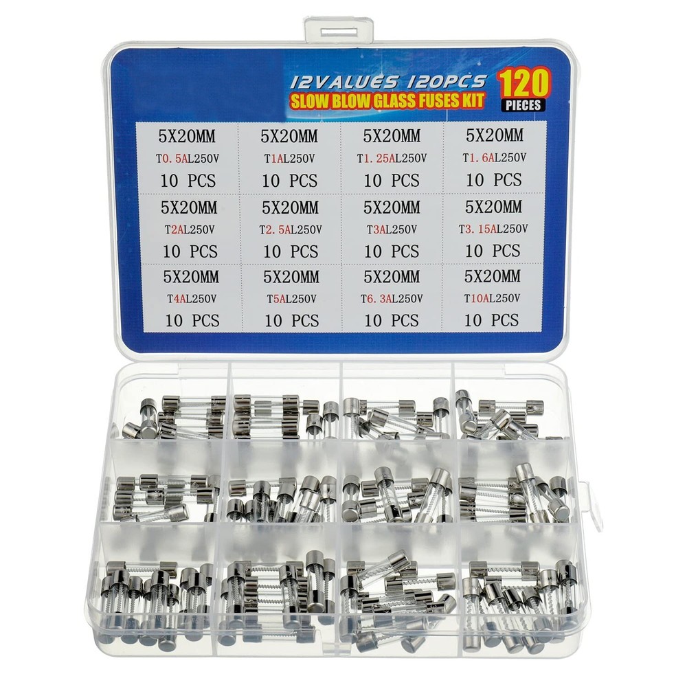 12 Values 120 pcs Slow Blow Glass Fuses Assortment Kit 5x20mm 250V T0.5A 1A 1.25