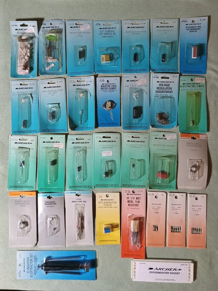 31 ARCHER RADIO SHACK NOS DIODES RESISTORS LEDS REGULATORS CAPACITORS MORE VTG.