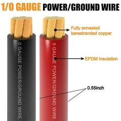 AWG 1/0 Gauge Wire (20 Feet Black+20 Red) Copper Clad Black, Red