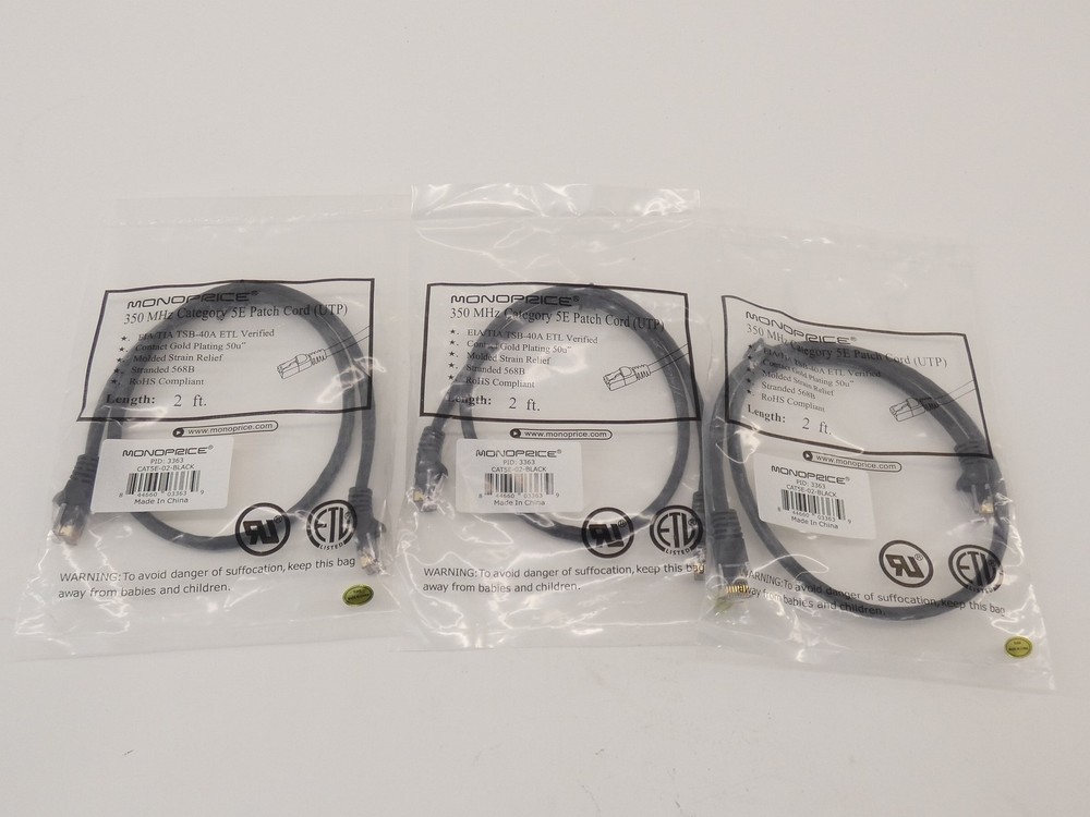 *Lot of 3* Monoprice 3363 Cat5E Patch Cord 2′ – NEW Surplus!