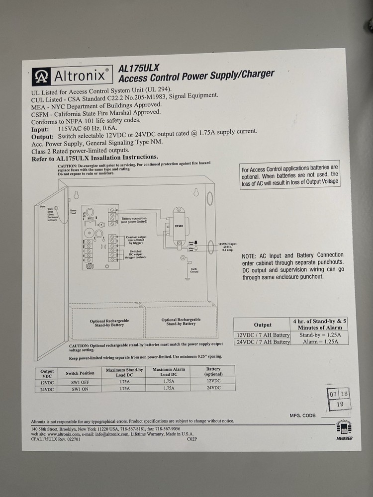 Altronix AL175ULX Access Control Power Supply Charger MPN AL175ULX