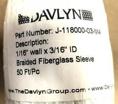 Davlyn 50FT/Pc 1/16IN Wall 3/16IN ID Braided Fiberglass Sleeve J-118000-03-M4NOS