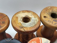 Vintage wooden spools with copper wire, 7 different pieces