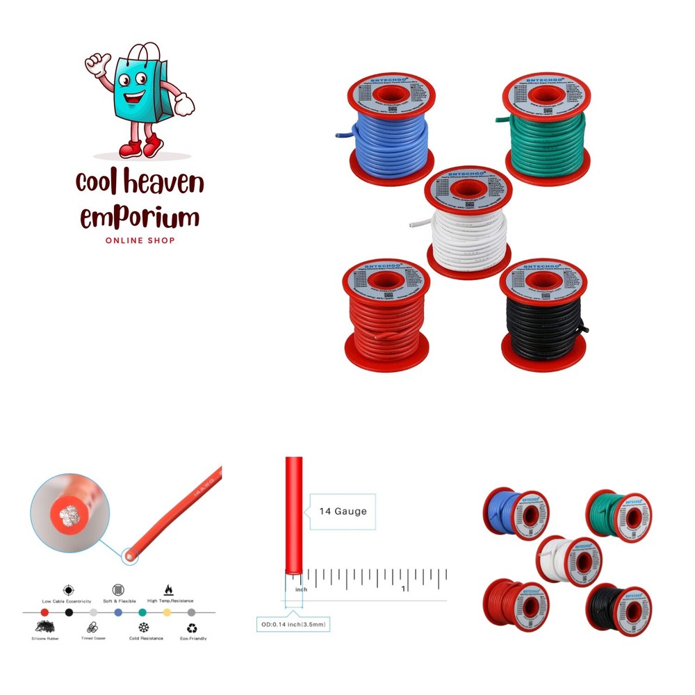 14 Gauge Silicone Wire Kit Red Black White Blue and Green Each 25ft 14 AWG St…