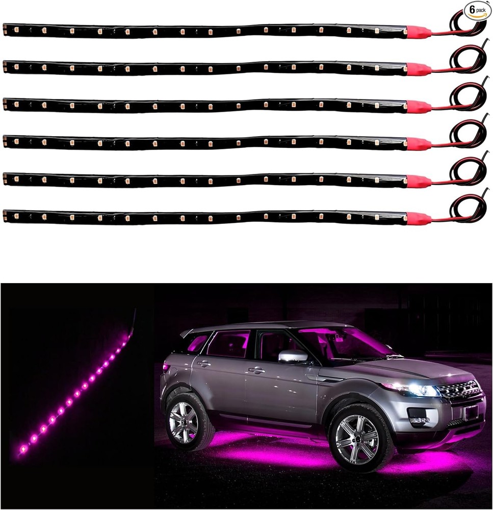 6 PCS 15 LED 12V Waterproof Car Light Strips, 1Ft Flexible Underbo Color: Pink