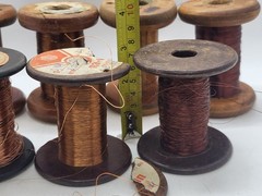 Vintage wooden spools with copper wire, 7 different pieces