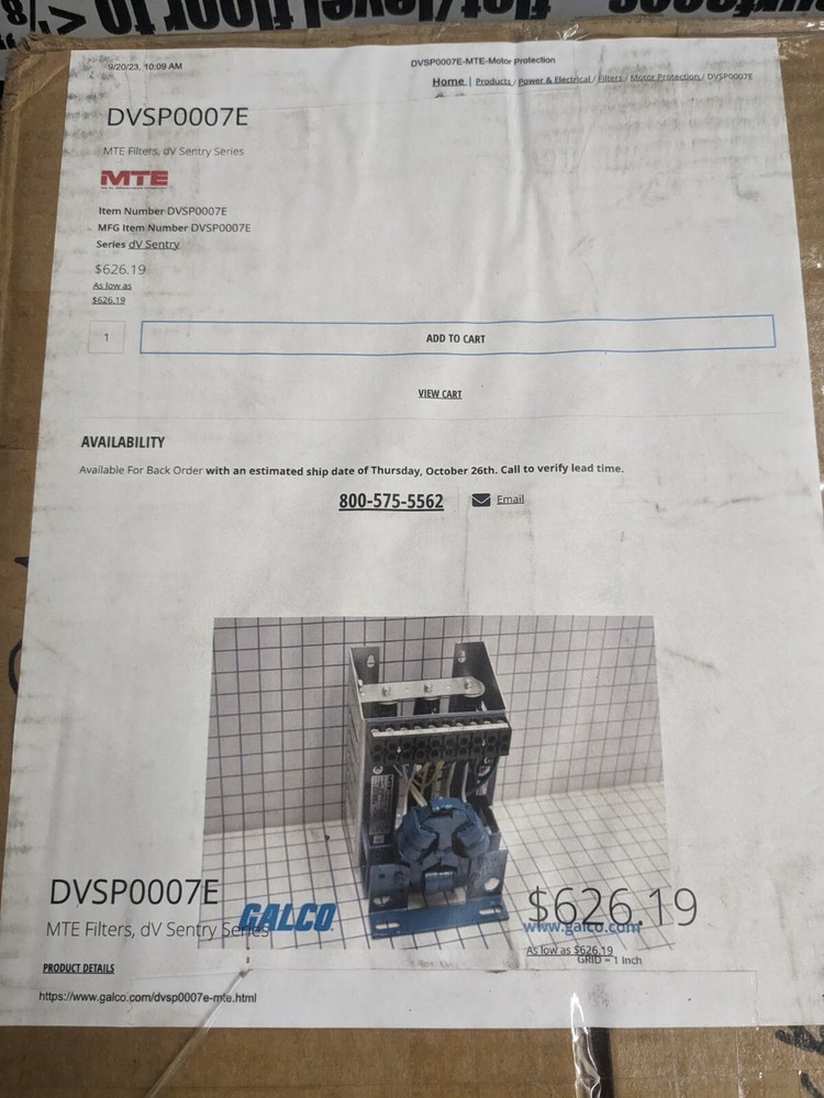 MTE DV Sentry Output Filter DVSP0007E Panel Mount 7 Amp 380-600vac NIB