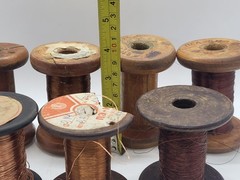 Vintage wooden spools with copper wire, 7 different pieces