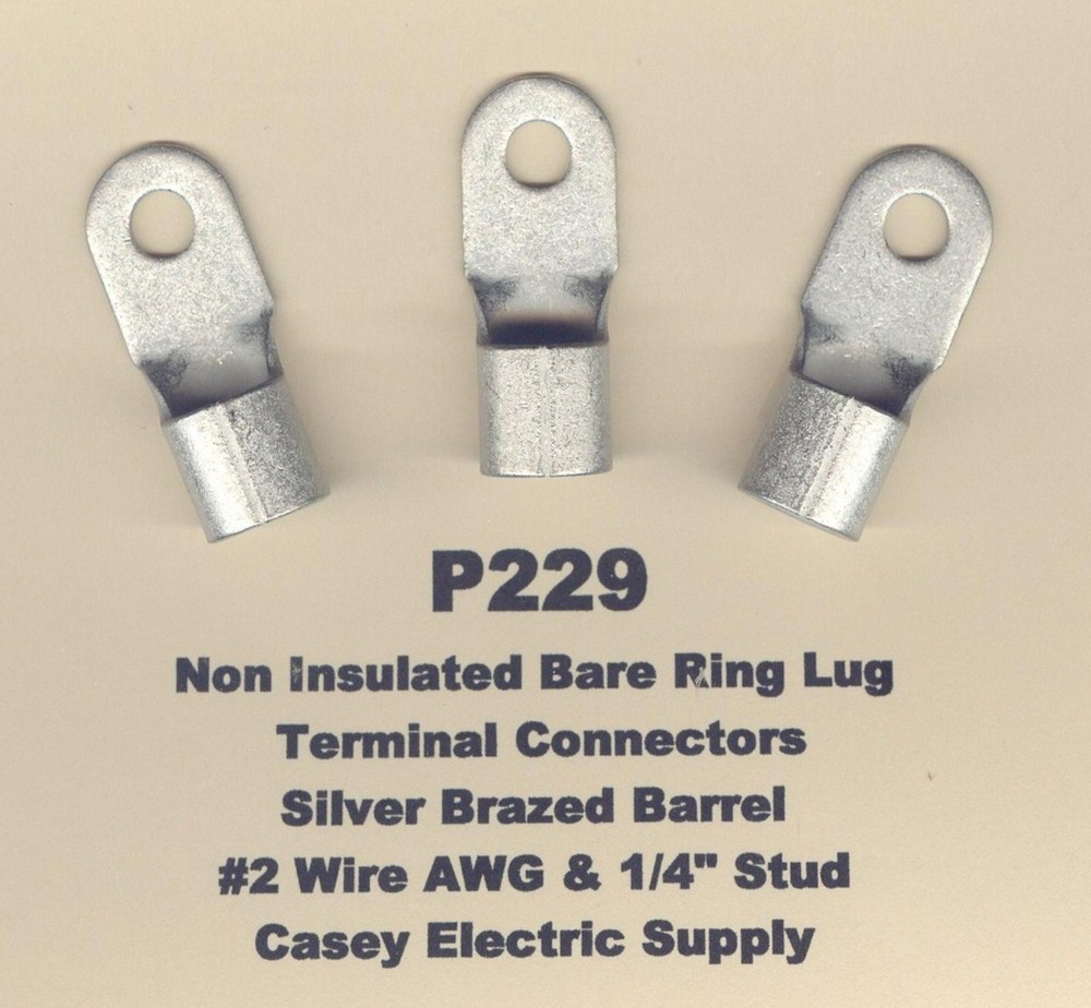 10 Bare RING Lug Brazed Barrel Terminal Connectors #2 Wire AWG 1/4″ Stud USA