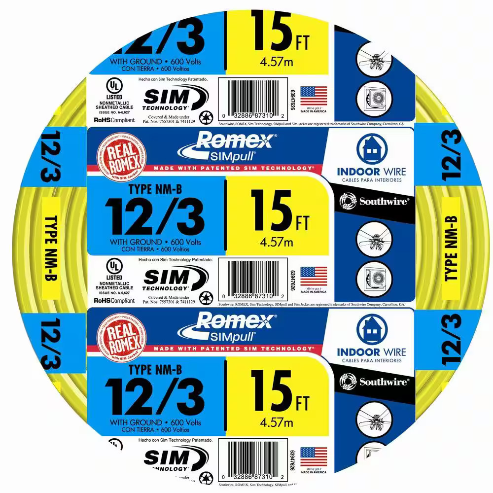 15 ft. 12/3 Solid Romex SIMpull CU NM-B W/G Wire