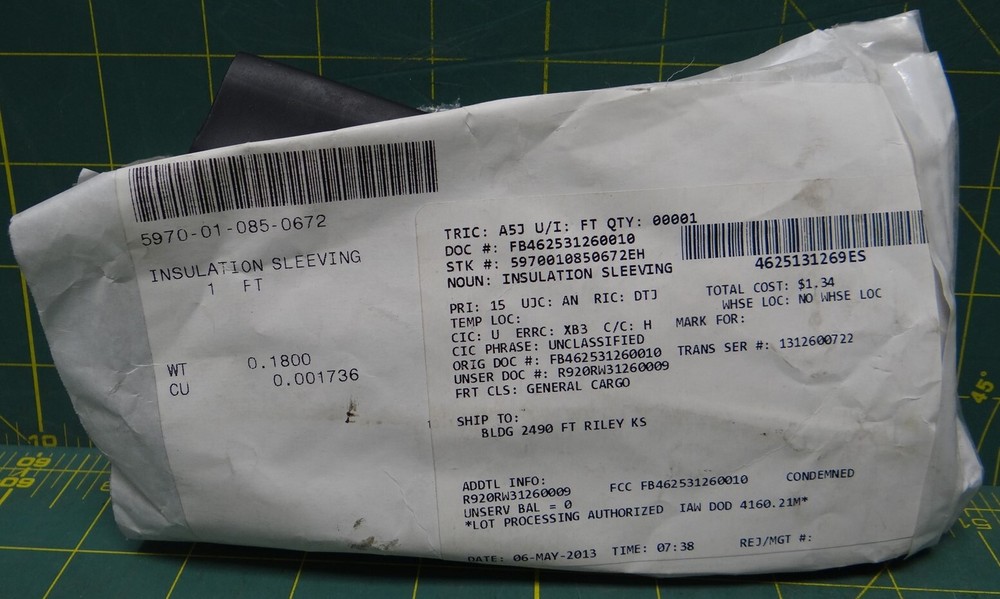 Electrical Insulation Sleeving 1 Foot 5970-01-085-0672