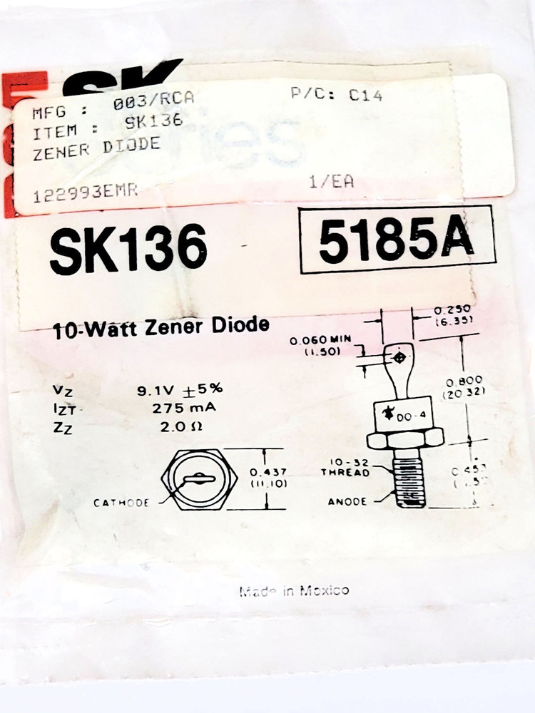 NTE5185A “Original” NTE 9.1V 10W Zener Diode Stud 1 pc