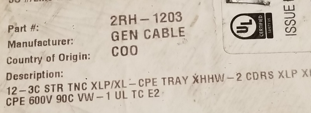 General 223910 12/3C CHTC Tray Cable TC XHHW-2 Conductors XL-CPE Jacket /25ft