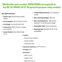 WEIDMULLER 9406221001 RS32 24VUC LD LP 2U Electromagnetic RELAY 24V AC/DC 4A Din