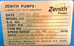 Zenith Pump 60-20000-2294-4 Custom Metering System 4.9-48.9RPM 1/2HP H2A