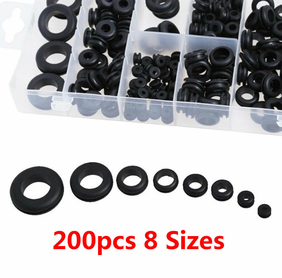 200pcs Rubber Grommet Assortment Set Electrical Wire Juncture Gasket Kit Black