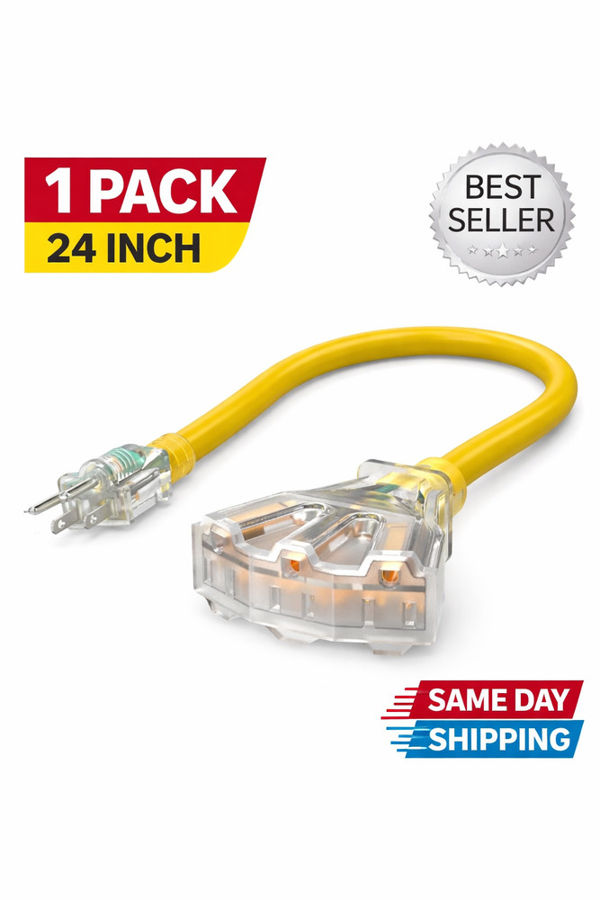 1 Pack 12/3 Tri Tap Extension Cord 24in Heavy Duty 15A LED Plug Yellow