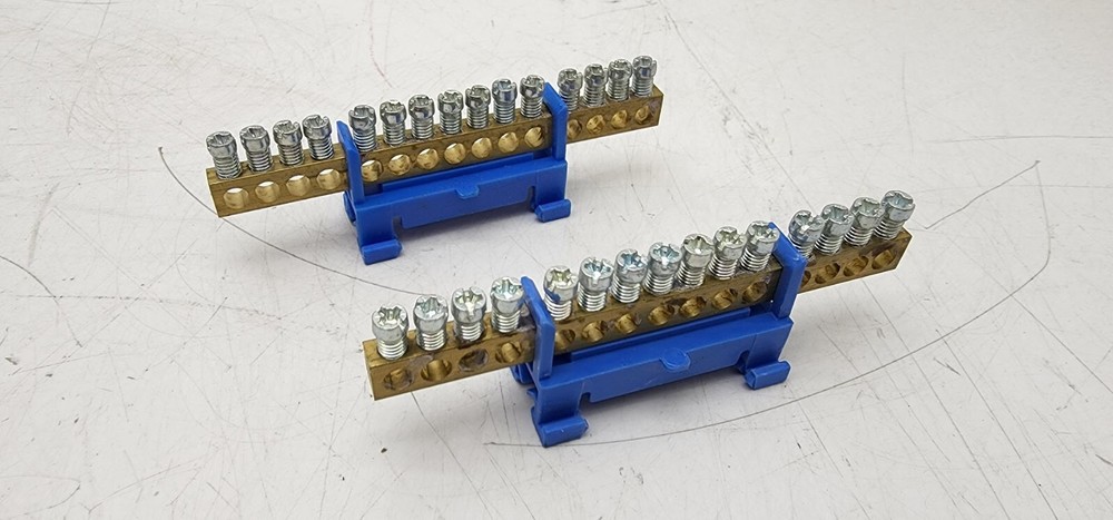 Lot of 2 DIN Rail Mount Brass Ground Grounding Strip 15x 4AWG Copper Wire