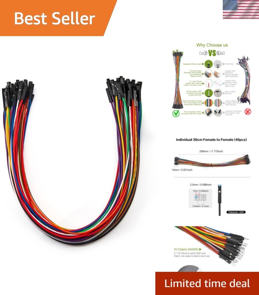 Solderless 30cm Multicolored Jumper Wires – 40pcs Female to Female Connectors
