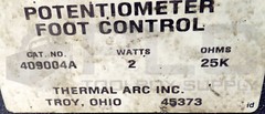 THERMAL ARC 409004A POTENTIOMETER FOOT PEDAL, 2WATTS 25KOHMS