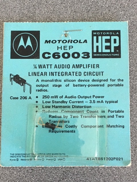 Motorola HEP C6003 1/4 watt audio amplifier linear integrated circuit.